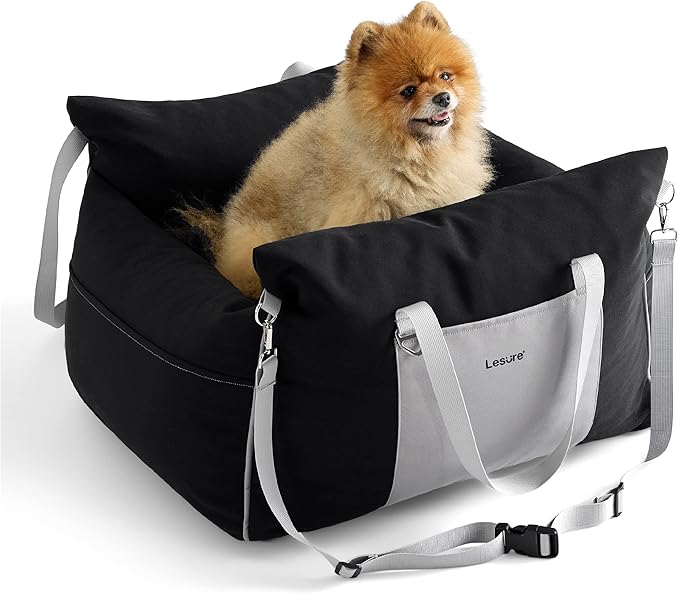Lesure Small Dog Car Seat for Small Dogs - Waterproof Dog Booster Car Seat with Storage Pockets, Clip-On Safety Leash and Thickened Memory Foam Filling, Pet Carseat Puppy Travel Carrier Bed, Black