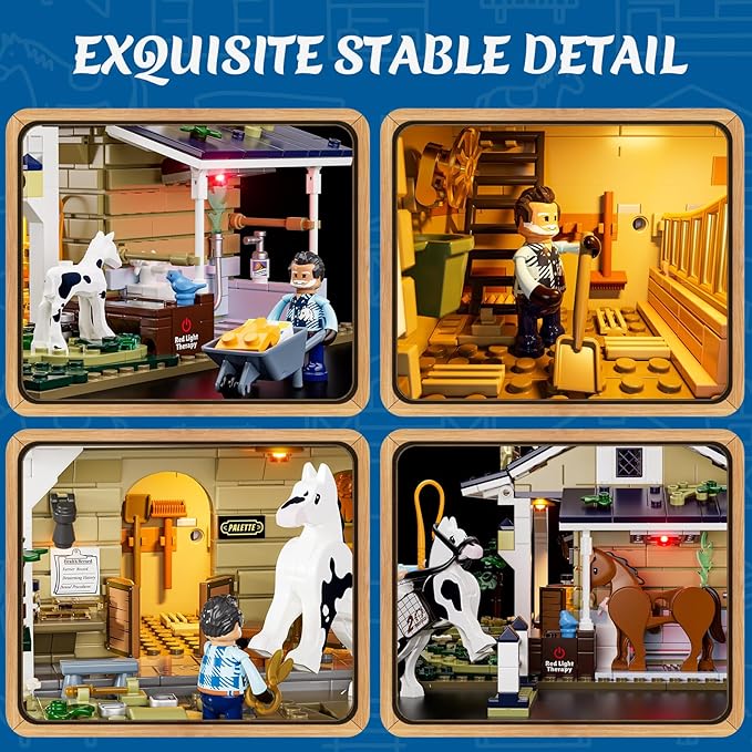 FUNWHOLE Farm Horse-Stable Lighting-Building-Bricks Set - Farm Life Horse Animals Cabin Collection LED Light Cottage Model Display Set 973 Pcs for Adults and Teen