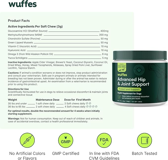 Wuffes Advanced Dog Hip and Joint Supplement with Glucosamine, Chondroitin, Omega 3, MSM, and Green Lipped Mussel, (Pack of 2, Small & Large Breed)