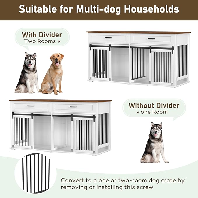 MUPATER 63" L x 23.6" W x 33.3" H Double Wooden Dog Cage Table with 2 Large Drawers & Safety Locks, Large Dog Crate Furniture for 2 Dogs with Removable Divider, Decorative Indoor Dog Kennel Furniture