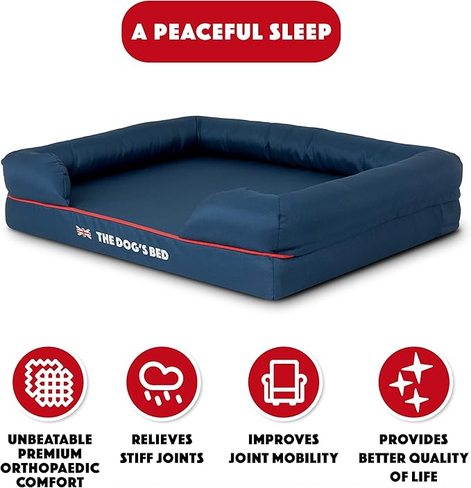 The Dog’s Bed Orthopedic Dog Bed Medium Blue Oxford with Red Trim UK Flag Dog Bed 30x23.5, Memory Foam, Pain Relief, Post Surgery, Lameness, Veterinary Approved, Waterproof Washable Cover Cover