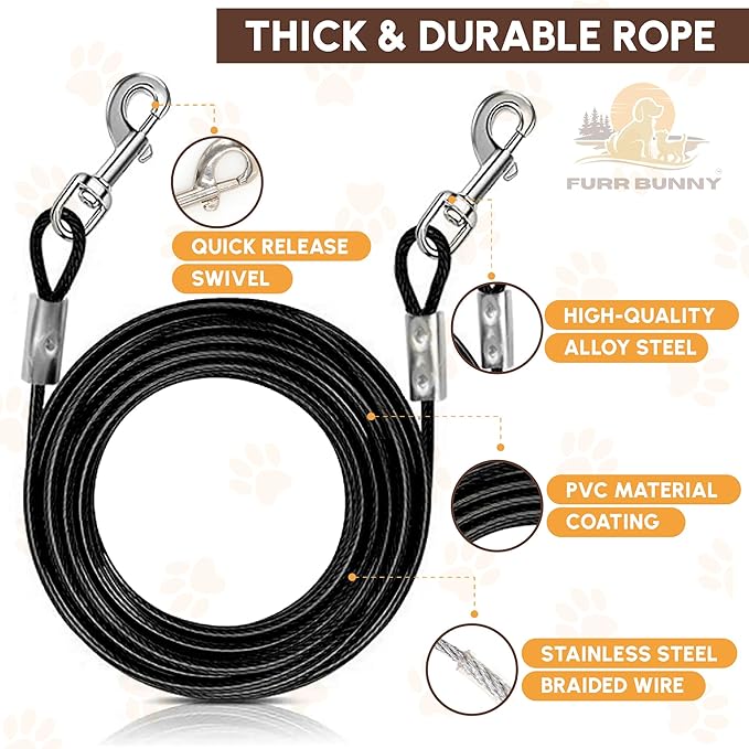 Heavy Duty Dog Tie Out Cable and Stake for Large to Extra Large Dogs Upto 150 LBs – Anti-Tangle, Rust-Resistant, 360° Swivel Leash System – 18 Inches Spiral Anchor and 7mm 30 FT Long Leash