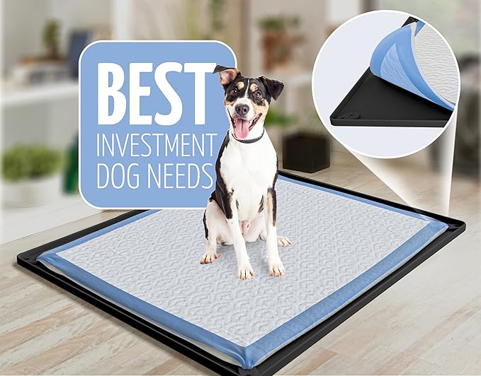 TidyFriend Dog Pee Pad Holder Tray Fits for 30” x 23” Pee Pads with Corner Lock Holes, Raised Edges, Non-Spill, Easy to Clean Silicone Dog Potty Tray Holder, For Indoor Floor Protection (Black)
