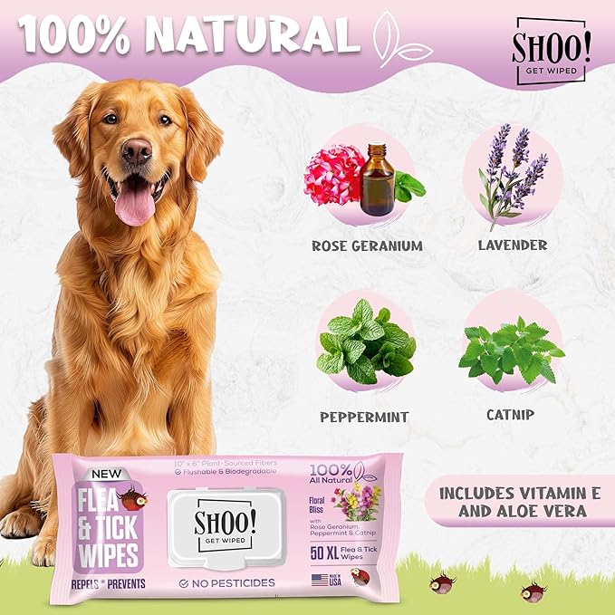 Shoo! Flea & Tick Wipes for Dogs | Convenient, Easy On-The-Go Protection | Plant Based, Natural Oils, Chemical Free | Repels & Prevents | 50 XL Wipes | (Floral Bliss)