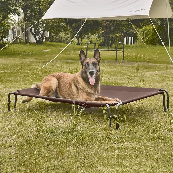 pettycare Elevated Outdoor Dog Bed - Raised Cots for Large Dogs, Waterproof Pet Bed Easy to Assemble, Cooling with Breathable Teslin Mesh, Durable, Non Slip, Up to 65 lbs, Brown