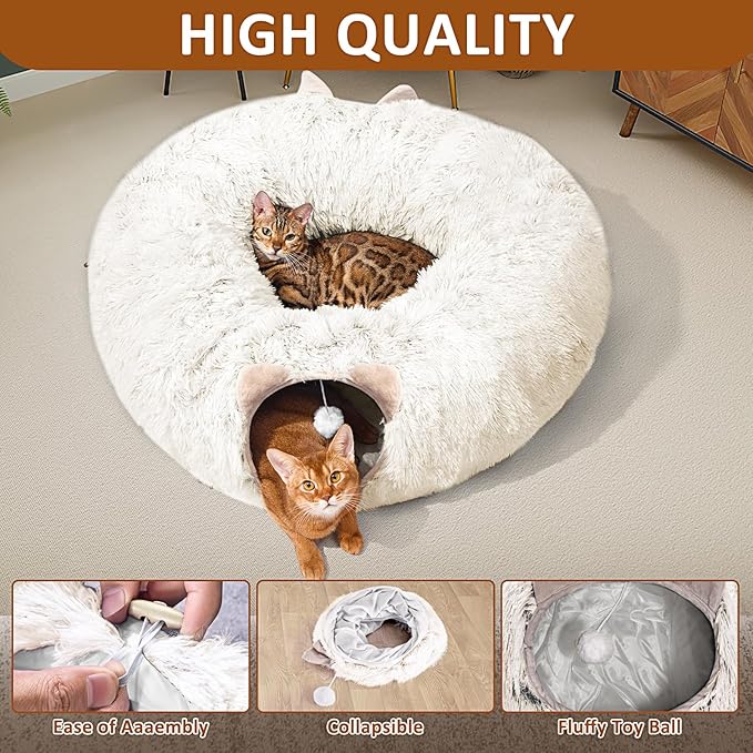 Cat Tunnel with Cat Bed for Indoor Cats, Soft Plush Peekaboo Cat Cave Donut Tunnel, Multifunctional Playground Toys Hideplace for Small Medium Large Kittens, Rabbit, Ferret (Cream White)