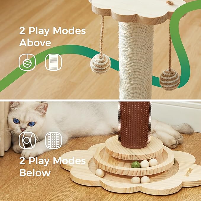 Cat Sisal Scratching Post, 4 in 1 Wooden Cat Scratcher Toy with Groomer, 24" Tall Scratch Post with 2-Layer Interactive Track Balls, Cat Climbing Tree with 2 Hanging Balls for Kittens