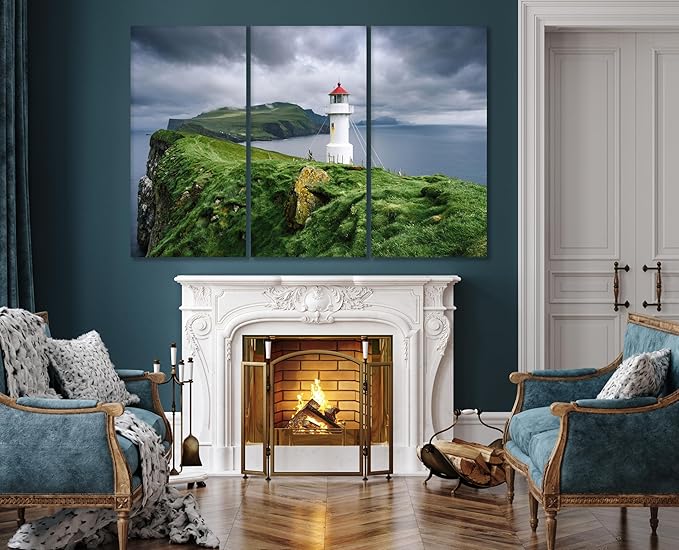 Nature Wall Art Prints - Ocean Forest Mountain Lake Canvas Landscapes - Small to Extra Large Living Room Bedroom Kitchen Bathroom Décor (Stormy Sky Lighthouse, 35L" x 53W" - 3 Panels)