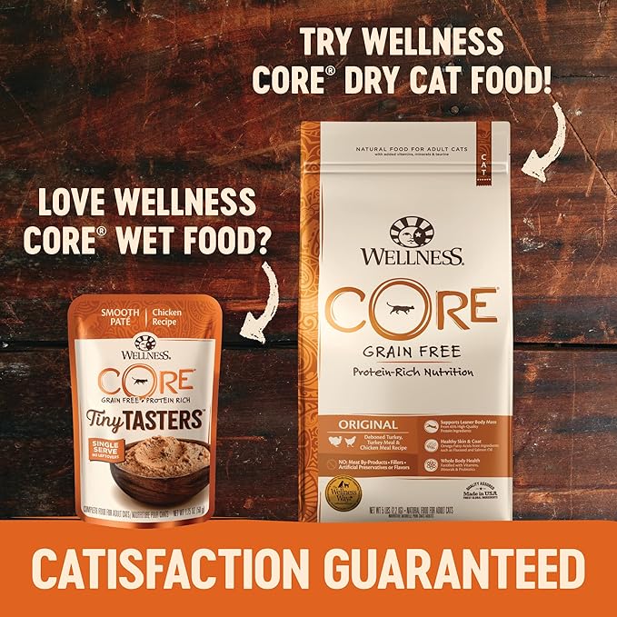 Wellness CORE Tiny Tasters Pate Adult Wet Cat Food, Natural, Protein-Rich, Grain Free, 1.75 Ounce Pouch, 12 Pack (Chicken)