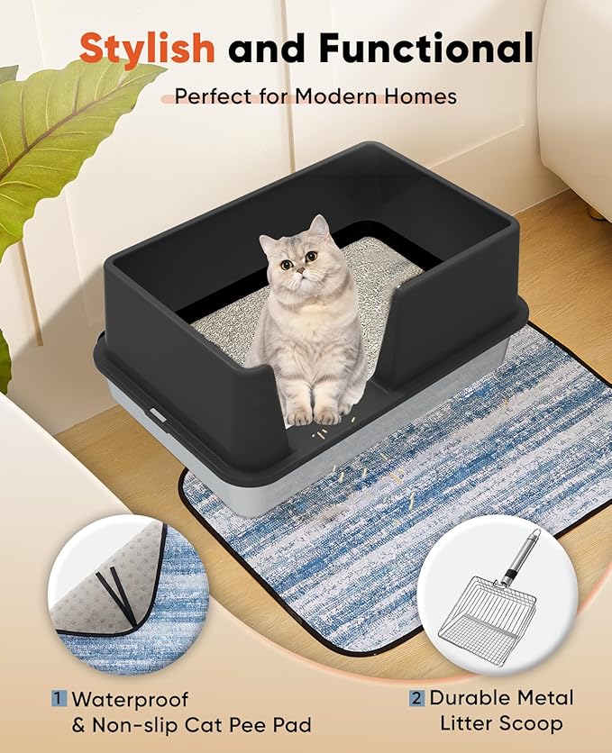 Stainless Steel Litter Box with Lid, 23.5" L x 15.8" W x 10.5" H, Large Metal Cat Box for Big Cats, High Sided Kitty Litter Box with Scoop & Pee Pads, Non-Sticky, Anti-Leakage, Easy to Clean (Black)