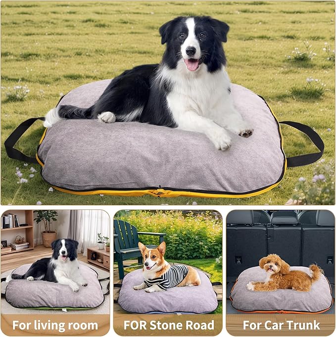 Portable Waterproof Dog Mat for Camping, Patio & Travel - Foldable Outdoor Dog Bed with Teflon Shell & Removable Plush Pad - Easy Clean, Durable - L (Hemp Grey)
