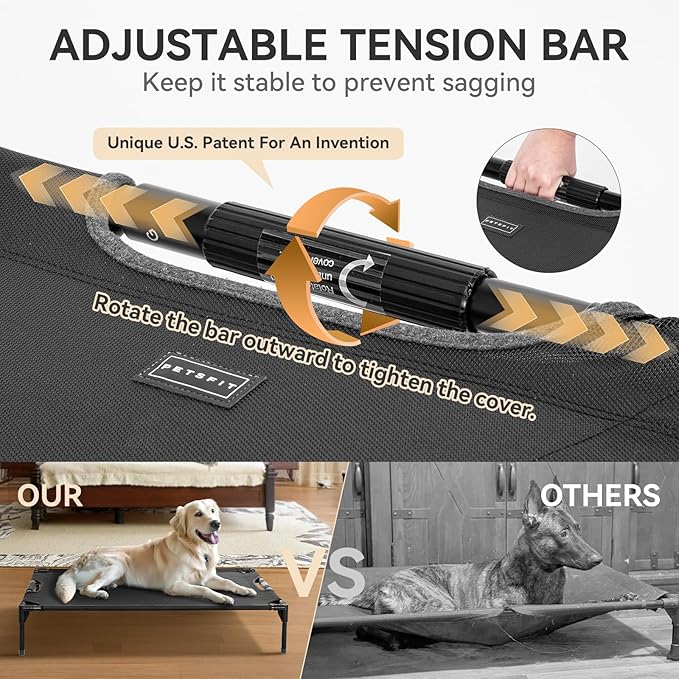 Petsfit Cooling Elevated Raised Dog Bed- Outdoor Pet Cot for Large Dogs, Upgraded Adjustable Firmness Pet Bed，Dog Hammock Bed with Durable Breathable Teslin Mesh，Non Slip, Black 48”
