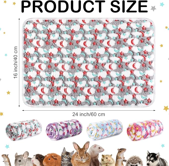 Reginary 4 Pcs Waterproof Guinea Pig Blankets Washable Small Animal Fleece Bedding Absorbent Guinea Pig Cage Liners Reusable Pet Pee Pad Sleep Mat for Hamster Ferret(Moon Star Pattern,24 x 16 Inch)