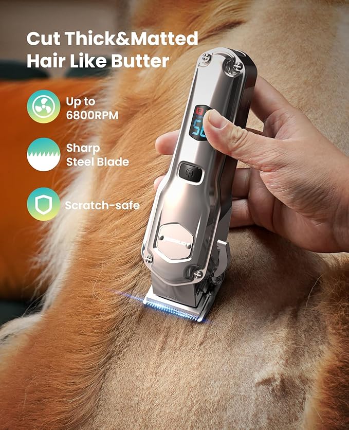 oneisall Dog Clippers for Grooming Thick/Heavy Coats, 4-in-1 Dog Grooming Kit Low Noise with Stainless Steel Blade, Cordless Dogs Paw Trimmer Pet Nail Grinder for Small & Large Dogs Cats Animals