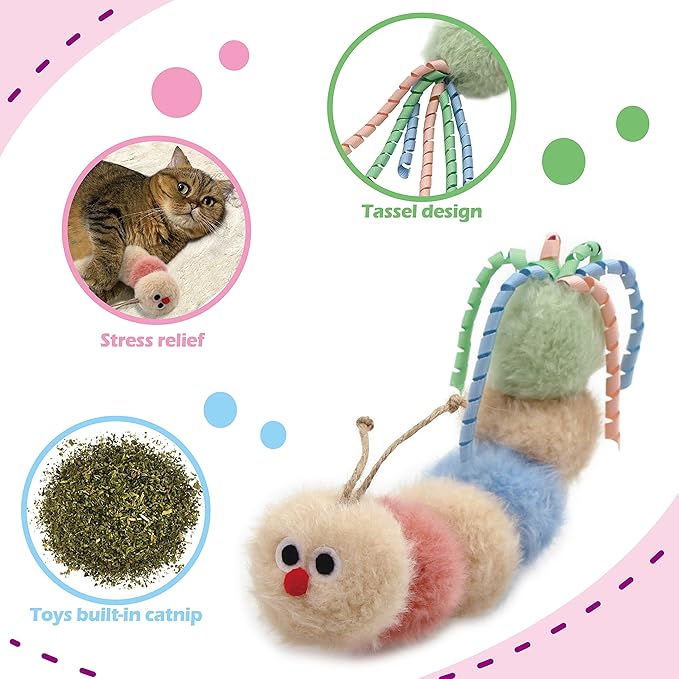 Interactive Natural Catnip Kicker, with Rattle and Ribbon, Bite Resistant, for All Ages Indoor Cat, Soft Caterpillar Kicker, Fluffy Kitten Toy