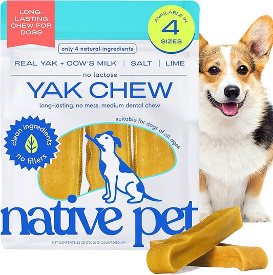 Native Pet Yak Cheese Himalayan Dog Chews - Long Lasting Dental Sticks for Medium Breeds – 100% All Natural Himalayan Yak Chews for Medium Dogs – Cheese Bone for Aggressive Chewers - 10 Per Pack