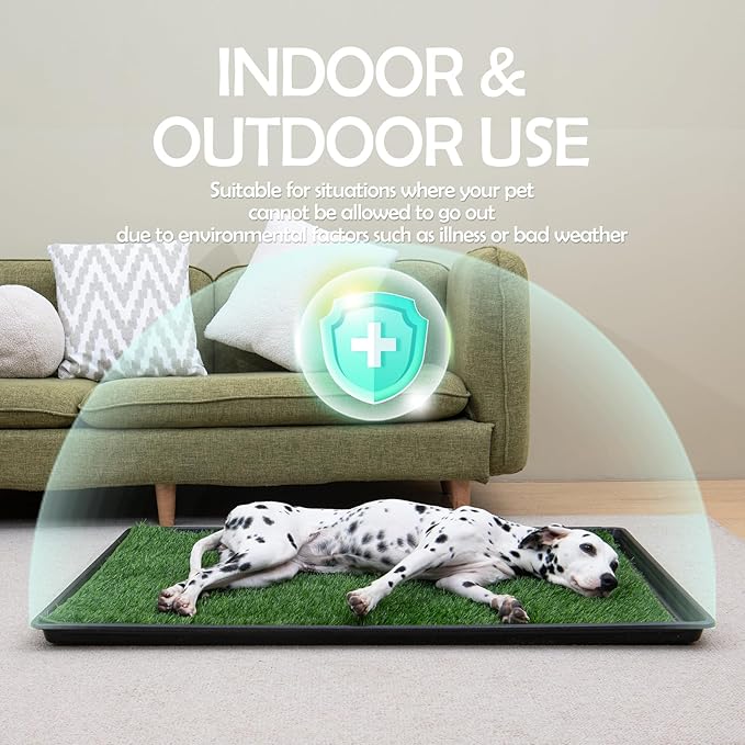 MEEXPAWS Dog Grass Pee Pads for Dogs with Tray | Large 34×23 in | 2× Dog Artificial Grass Pads Replacement| Rapid Drainage | Indoor Litter Box | Hemmed Edge