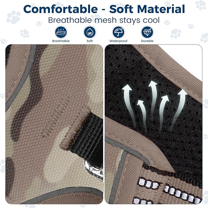 Funfox Dog Harness No Pull, Adjustable Pet Vest Harness, Super Soft Material with Vertical Handle Easy Control, Reflective Night Walking, 2 Leash Clips for Medium Sized Dogs, Camo Brown, M