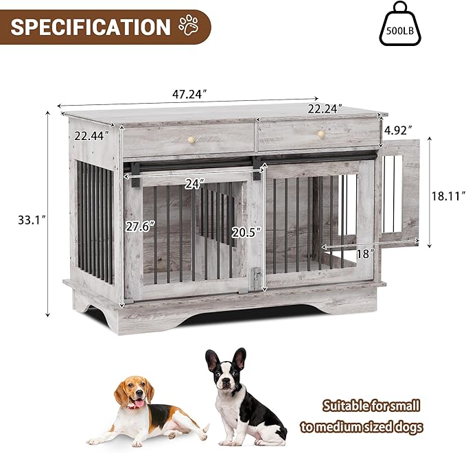 Dog Furniture Crate, 47" Large Dog Crate Furniture w/ 2 Storage Draws & Removable Divider for Large/Medium/Small Dogs (Grey, One Cage)