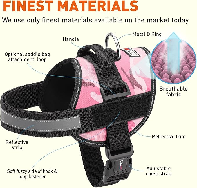 Dogline Dog Harness, Reflective No-Pull Adjustable Vest with Handle, Breathable No-Choke Harness for Small, Medium or Large Dogs Room for Patches Girth 27 to 34 in Pink Camo
