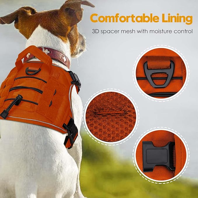 Heavy-Duty Tactical Dog Harness for Large Dogs, No Pull Adjustable Reflective Pet Vest with Molle System, K9 Military-Grade Control for Service Training, Outdoor & 10+ Breeds, Orange, Small