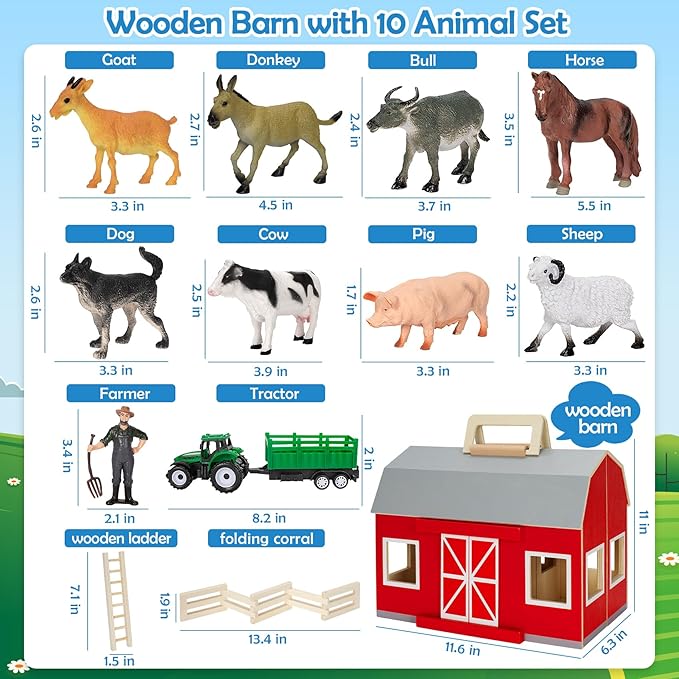 YEEBAY Farm Animals Toys for 3+ Year Old Kids Toddlers Girls Boys, Large Wooden Barn with Animal Play Figures, Farm Playset Educational Learning Toys, Ideal Christmas Birthday Gifts