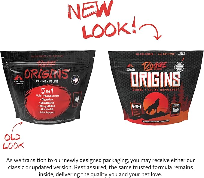 Origins 5-in-1 Dog Supplement - Powdered Food Topper w/Natural Turkey Protein- Supports Healthy Digestion, Skin, and Coat - Helps Reduce Itching & Joint Inflammation (2LB)