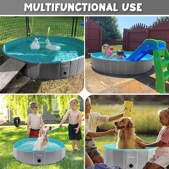 Furrybaby Dog Pool, Kiddie Pool with Hard Plate Collapsible Pet Bath Foldable Swimming Pet Pool Portable Grey 39''