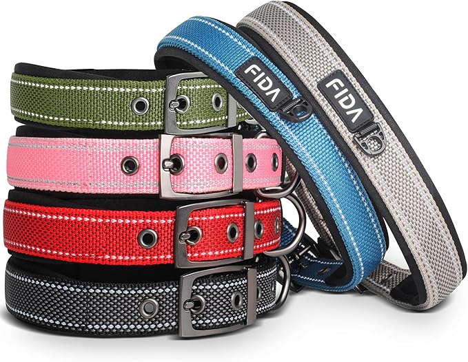 Fida Heavy Duty Dog Collar for Medium Dogs, Ultra Comfortable Soft Neoprene Padded, Adjustable Reflective Nylon Pet Collar with Durable Metal Belt Buckle for Medium Breeds (M, Green)