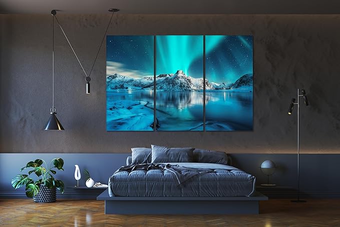 Nature Wall Art Prints - Ocean Forest Mountain Lake Canvas Landscapes - Small to Extra Large Living Room Bedroom Kitchen Bathroom Décor (Northern Lights Over Lake, 47L" x 71W" - 3 panels)