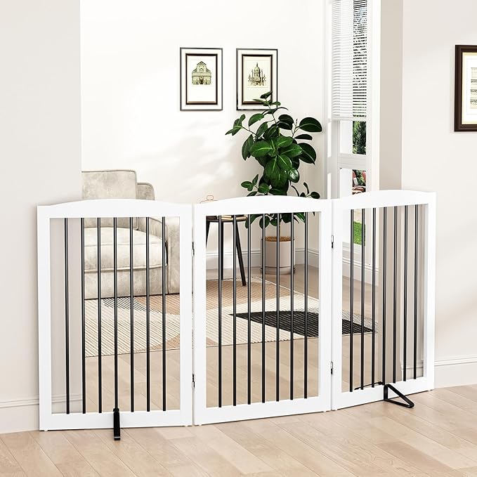 Freestanding Pet Gate for Dogs, Foldable Wooden Dog Gate for House Indoor, Tall Pet Fence for Stair, Doorway,Hall, Support Feet Included, 3 Panels 32",White