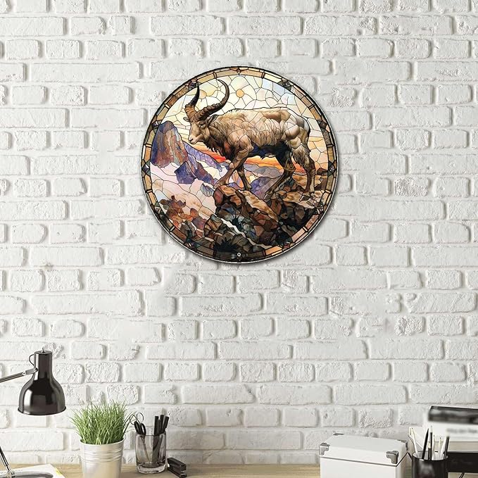 Lygond Metal Sign Tin Sign Circular Stained Glass Mountain Goat Tin Sign Gift for Garage 12×12 Inches
