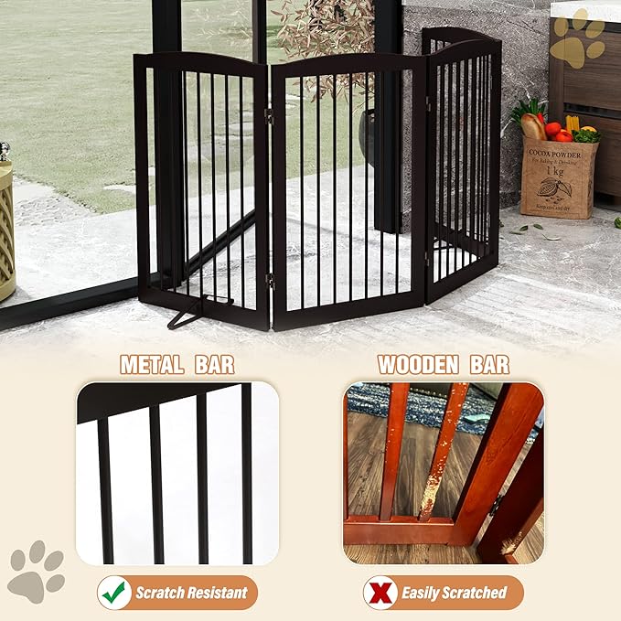 Freestanding Pet Gate for Dogs, Indoor Wooden Foldable Dog Gate for House, Doorway, Stair, 80 Inch Wide, 4 Panels 32",Brown