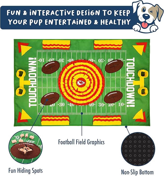 NFL Kansas City Chiefs Dog Snuffle Mat – Interactive Pet Slow Feeder, Football Field Design Food Puzzle Toy for Dogs & Cats, Foraging Activity Mat for Smarter Feeding