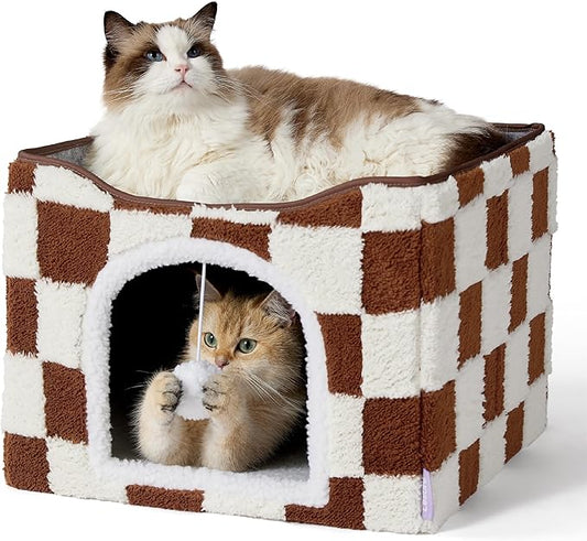 Lesure Indoor Cat Beds Kitten House - Large Cat Cave for Pet Cube with Fluffy Ball Hanging, Foldable Small Animal Hideaway, 16.5x16.5x13 inches, Brown Checks