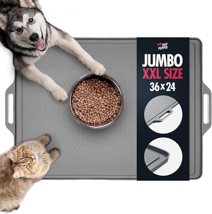 Tuff Pupper XXL Dog Feeding Mat 36x24 for Food and Water | Waterproof Silicone Placemat for Floors | Pet Food Mat for Cats and Bowls