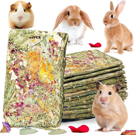 Rabbit Toys 10 Pack Bunny Toys Bunny Chew Toy Guinea Pig Treats Timothy Hay Toy Chips with Herbal Flowers Timothy Hay Grass Hamster Snacks Chinchillas Gerbils for Small Animals Teeth