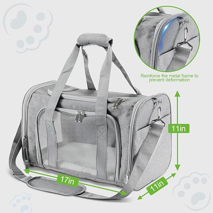 Roaringkitty Travel in Style: Portable Pet Carrier for Small Pets up to 15 Lbs- Airline Approved, Collapsible & Comfortable cat/Puppy Soft Sided Bag (Grey)