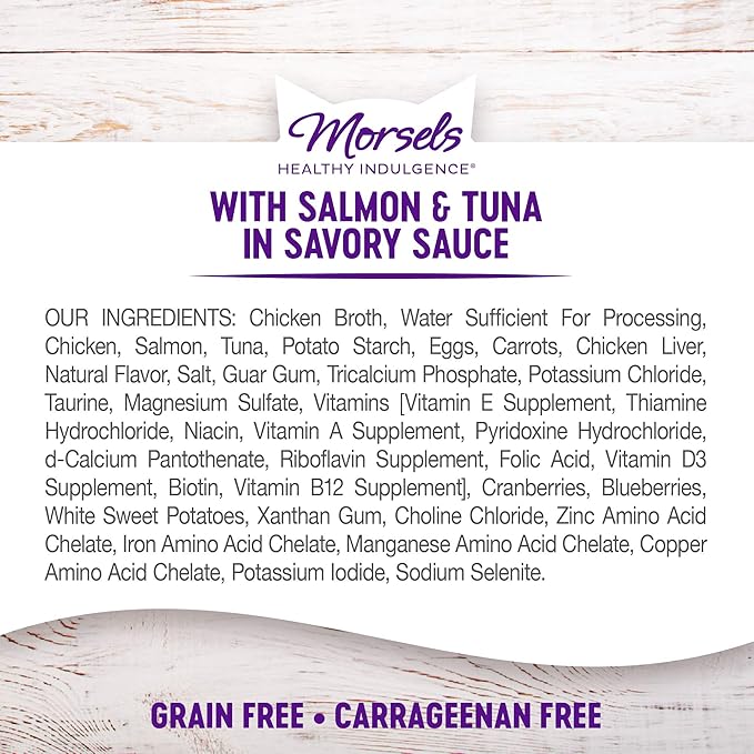 Wellness Healthly Indulgence Morsels Adult Wet Cat Food, Natural, Protein-Rich, Grain Free, 3 Ounce Pouch, 24 Pack, (Salmon & Tuna)