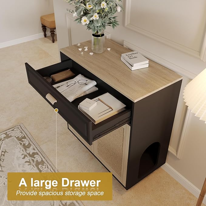 Cat Litter Box Enclosure Furniture Hidden Indoor 2-in-1 Wooden Cat House & Washroom Cabinet with Scratching Board Doors and Drawer, 31.5"x15.7"x34.6"H - Black