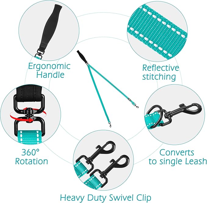PetBonus Two Point Control Dog Leash, Works with No Pull Harnesses, No Tangle Dog Training Leashes, No Pull Padded and Reflective Walking Lead,Converts to Single Leash for Medium Large Dogs(Turquoise)