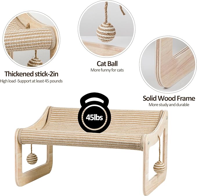 Sisal Cat Scratcher Bed for Indoor Cats Hammock for Scratching Pad, 2 in 1 Elevated Cat Sisal Chair with 2 Toys Ball for Scratcher Lounge,Kitty Bench,Dog Bed,Natural Lounger Chair