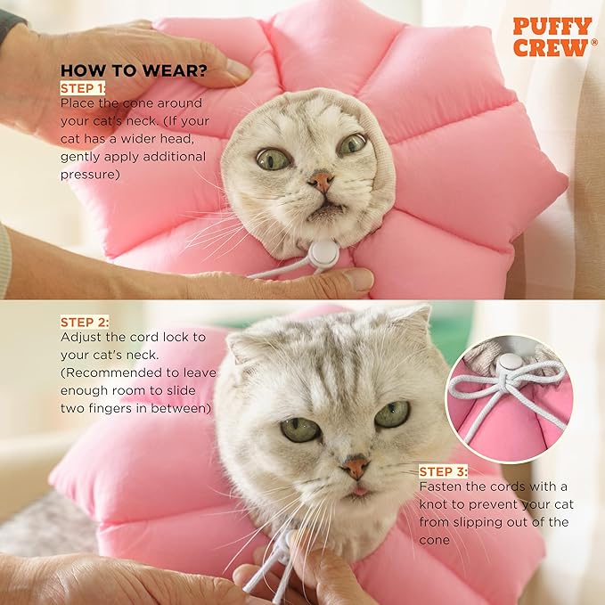 Puffy Crew Soft Cat Cone Collar, Adjustable Waterproof Recovery Collar, Lightweight Elizabethan e Collar for Cats of All Breeds (Pink, Medium, Neck Circumference 6.5'' - 10.5'')