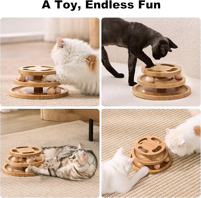 Cat Ball Track Toy with Puzzle Top, Wooden Cat Toys for Indoor Cats with Spinning Balls, Interactive Large Cat Ball Tower for Kitten Exercise Mental Physical