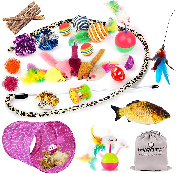 MIBOTE 28Pcs Cat Toys Kitten Toys Assorted, Cat Tunnel Catnip Fish Feather Teaser Wand Fish Fluffy Mouse Mice Balls and Bells Toys for Indoor Cat Puppy Kitty Interactive Cat Toy Set