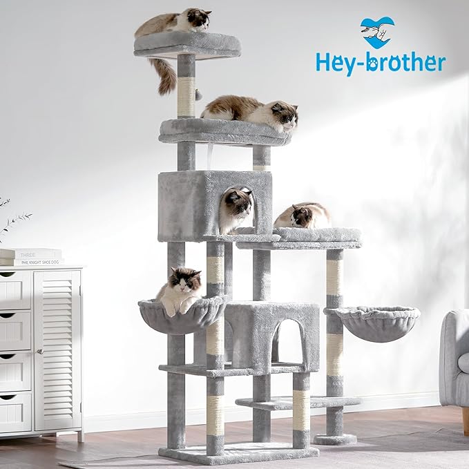 Hey-brother Cat Tree Tower, Scratching Posts with a Extended Part, Wide Platforms, Cozy Condos, Hammocks, Sisal Columns and Ball for Indoor Cats, 70.1 Inches, Light Gray MPJ038W