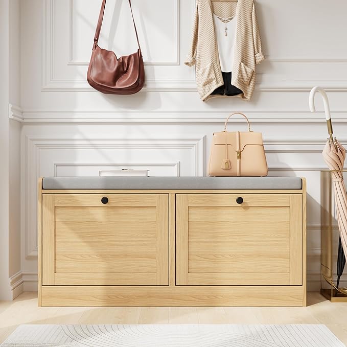 MHOM Oak Modern Entryway Bench with 2 Flip Drawers, Shoe Rack with Padded Seat Cushion, Wooden Storage Bench for Bedroom and Apartment
