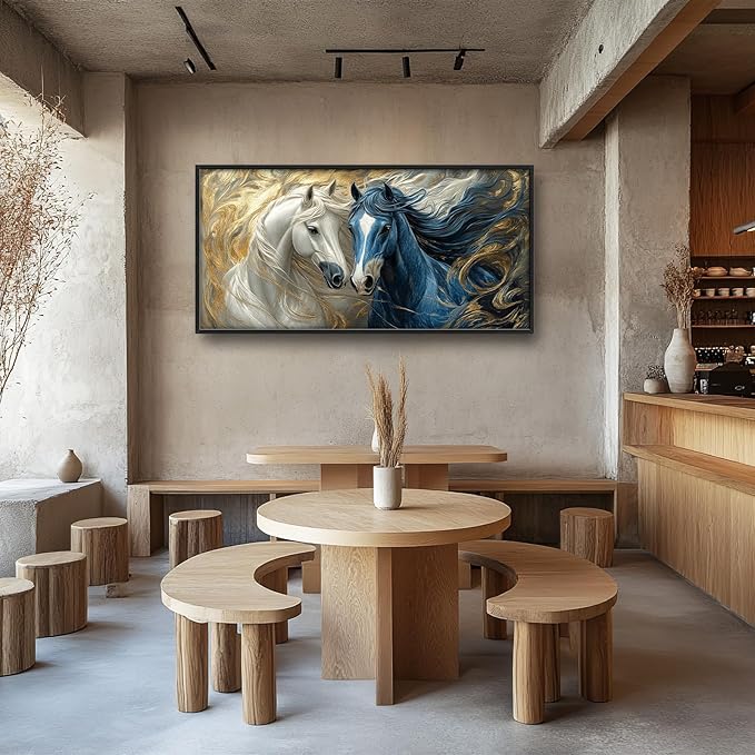 Framed Large Horse Wall Art for Living Room, Oversized Abstract Horses Wall Decor Blue and Golden Canvas Painting Animal Pictures Modern Artwork for Living Room Bedroom Office 60"x30"