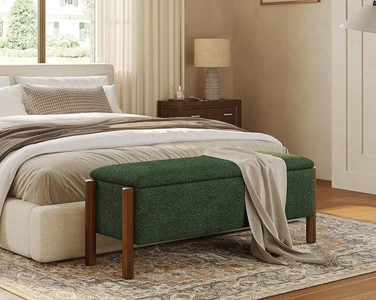 Storage Ottoman Bench, End of Bed Bench for Bedroom, 47" Boucle Upholstered Entryway Shoe Seat Benches, Holds up to 660 lb Storage Ottoman, Padded Blanket Chest Stool Foot Rest for Living Room Green