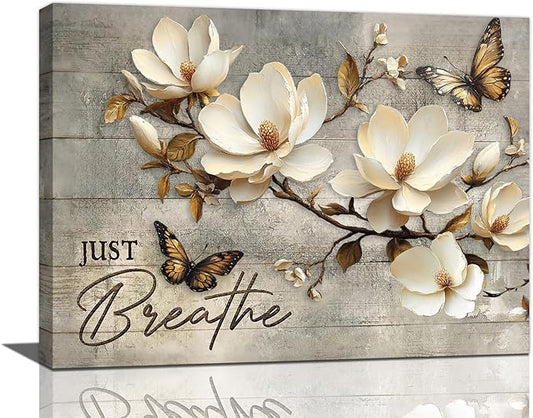 Floral Magnolia Bathroom Pictures Wall Art, Just Breathe Bathroom Wall Decor, Flower Butterfly Framed Painting Canvas Artwork for Bedroom Living Room Decorations 20"L x 16"W